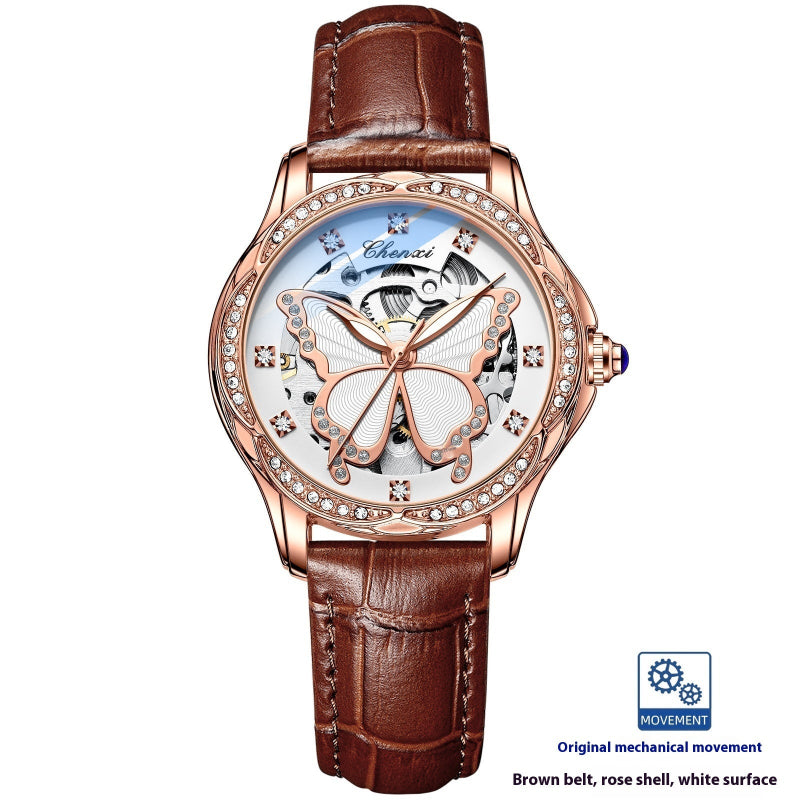 Women's diamond bezel butterfly dial watch with brown leather strap and rose gold case