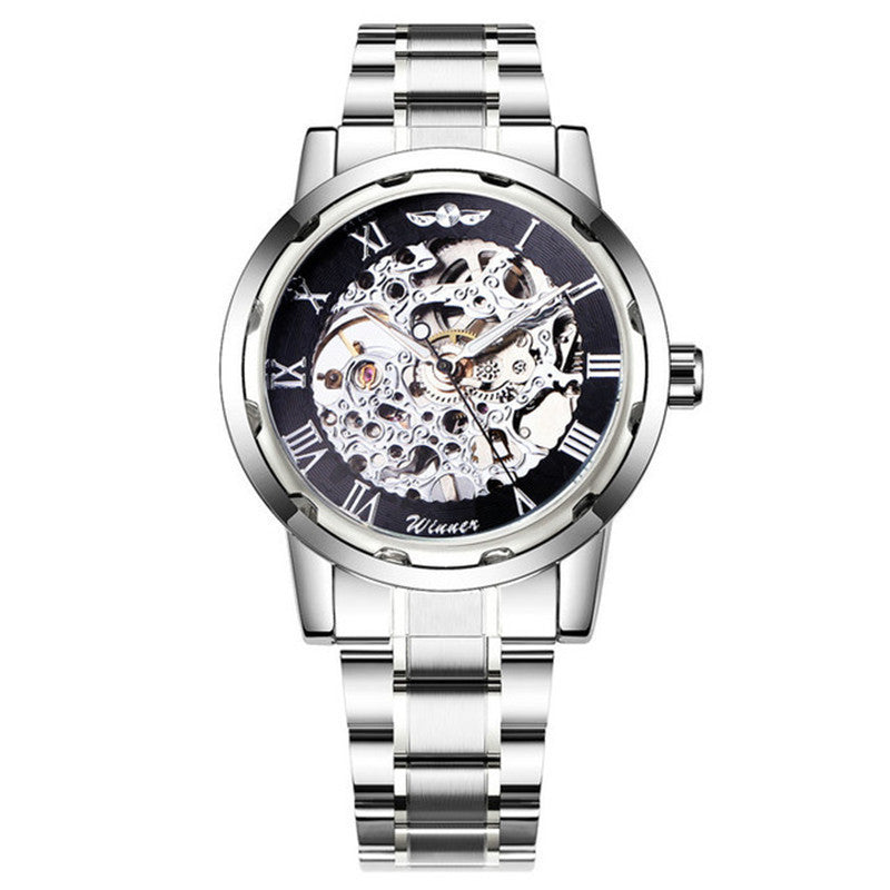 Mechanical watch with black dial, silver openwork movement, and stainless steel bracelet