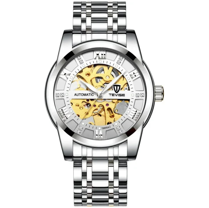 Mechanical skeleton watch, light dial with gold movement, stainless steel link bracelet