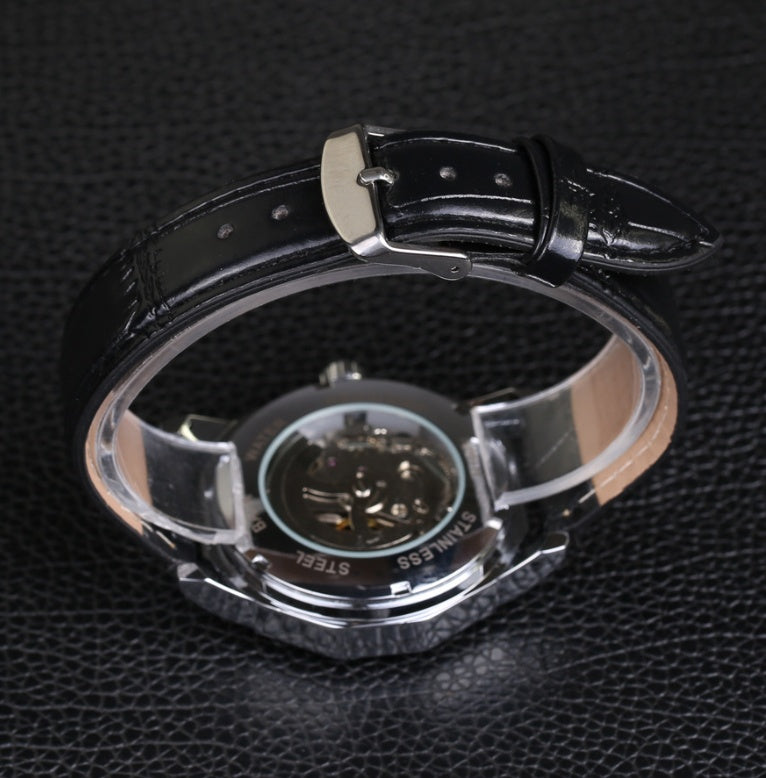 Men's automatic mechanical watch with black leather strap and see-through caseback