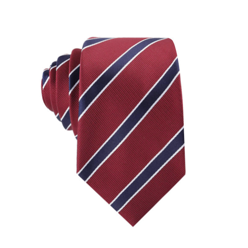 Men's necktie with burgundy base and white-blue diagonal stripe pattern