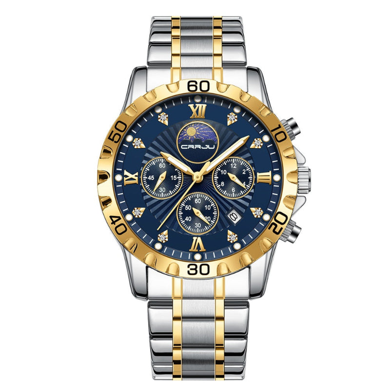 Two-tone quartz business watch with calendar, blue dial with Roman numerals, gold bezel and bracelet.