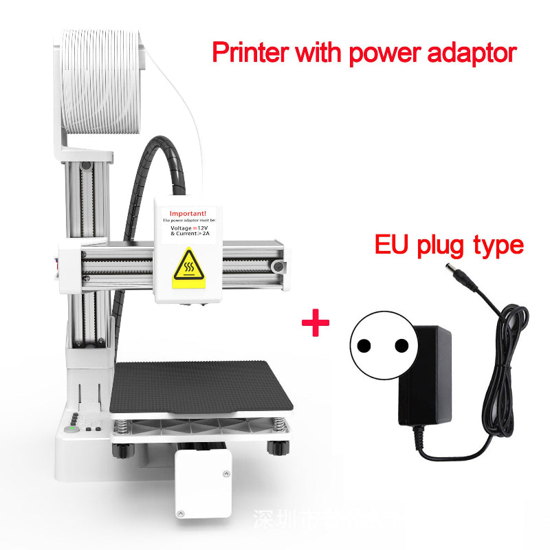 White portable 3D printer with power adaptor and EU plug, shown with adapter and cable