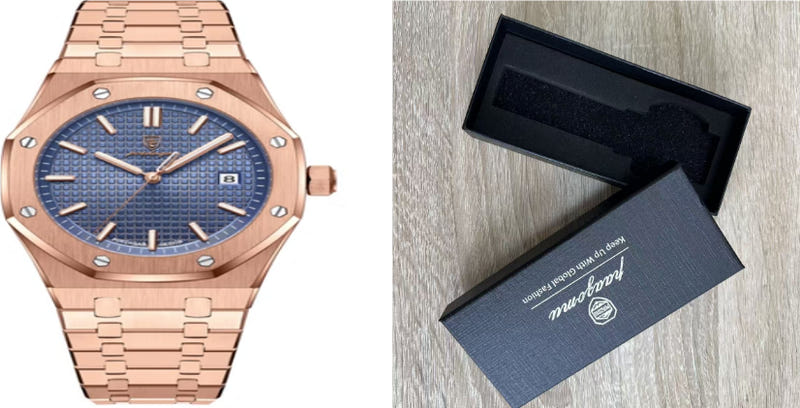 Rose gold quartz wristwatch with blue dial and metal link bracelet, date at 3 o'clock.