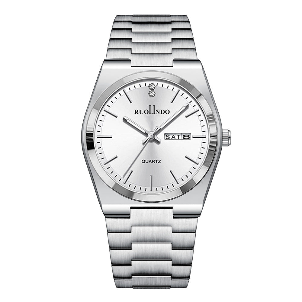 Day-date quartz watch with white dial and silver metal bracelet, date window at 8