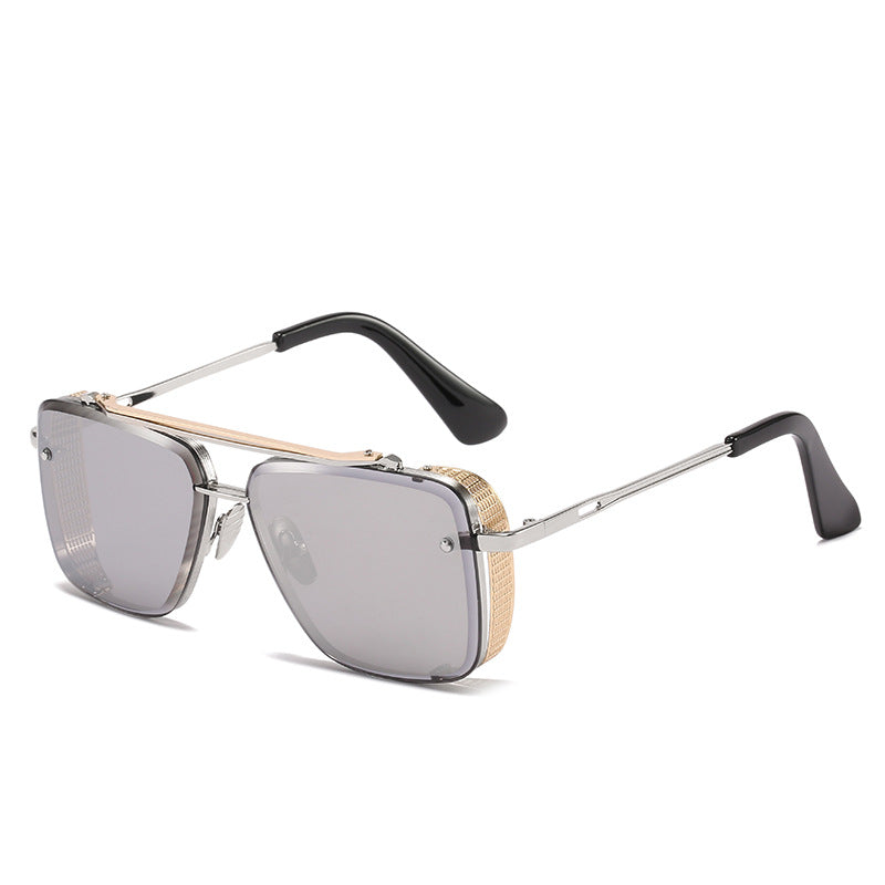 Unisex retro metal mesh edge sunglasses with silver frame and light gray tinted lenses.