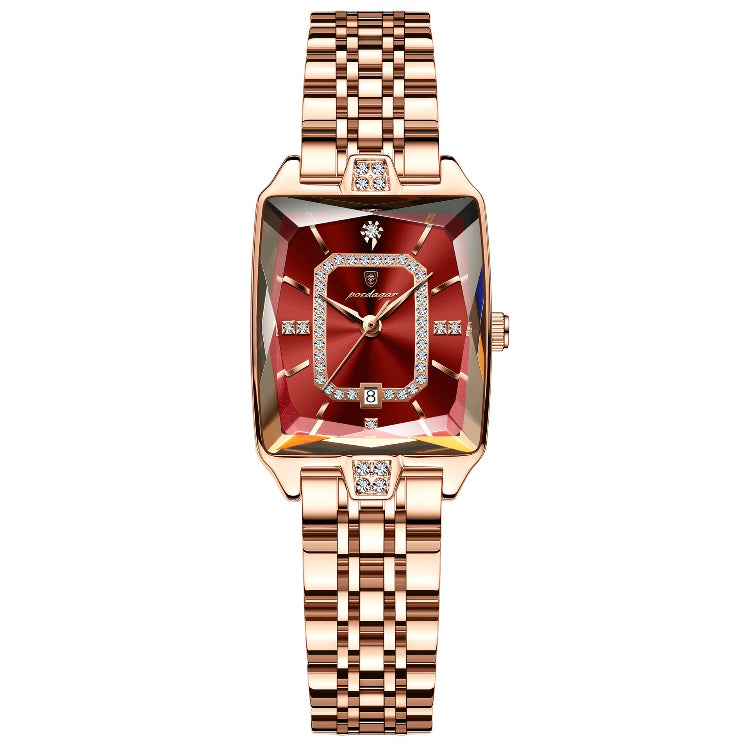 Women's waterproof quartz watch, rose gold square case, red gem dial, linked metal band.