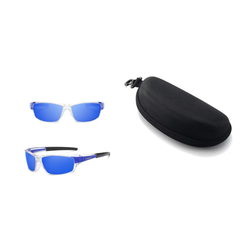 Men's polarized sports sunglasses with black case, blue mirrored lenses
