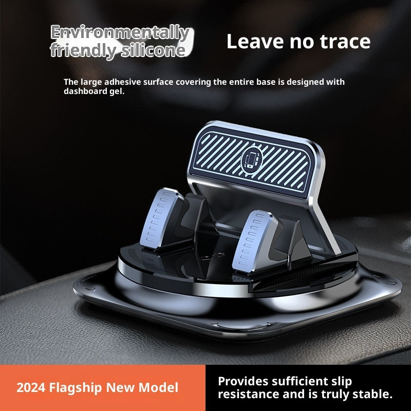 Rotating dashboard phone holder with adhesive-style base and two adjustable side grips
