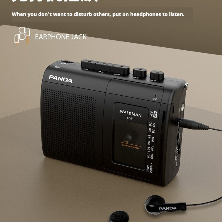 Black cassette tape recorder with earphone jack and headset microphone, right-side view