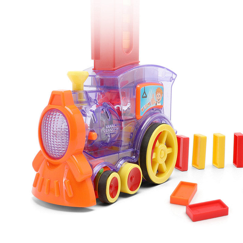 Transparent purple and orange domino train car with track blocks