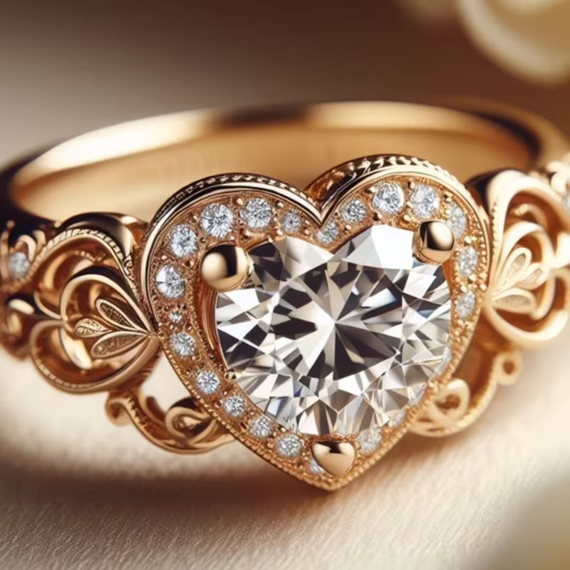 Gold heart zircon ring with sparkling halo stones and decorative carved side motifs.