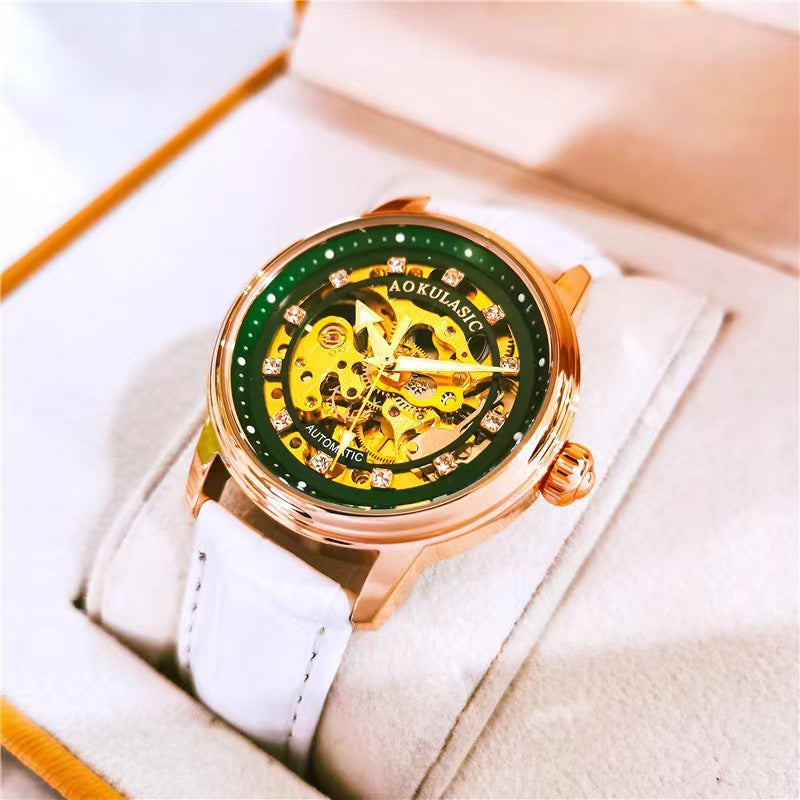 White leather mechanical watch with rose-gold case and diamond-accent bezel