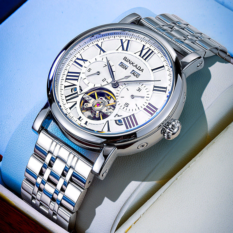 Men's automatic mechanical watch with silver steel bracelet and white dial