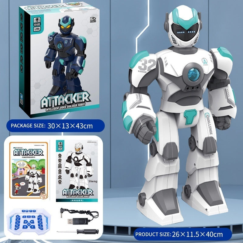 Intelligent voice dialogue robot toy in white and gray with teal glowing face, shown with retail box