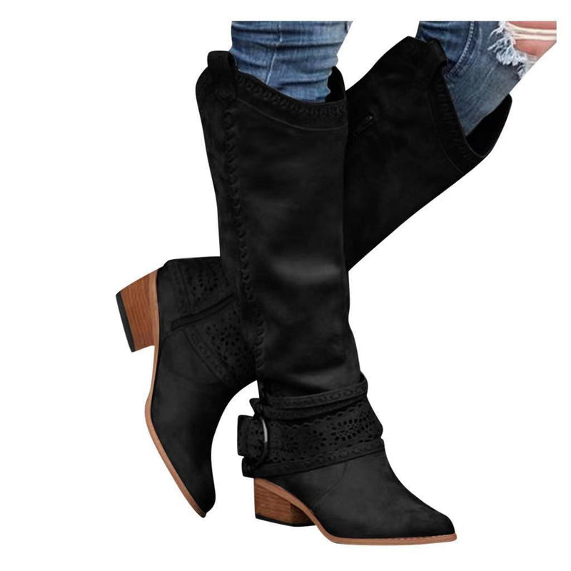 Women's mid-calf boots in dark leather with decorative stitching and low heel