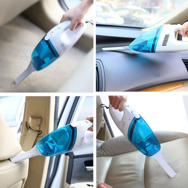 Handheld vacuum cleaner being used to clean various parts of a car interior.