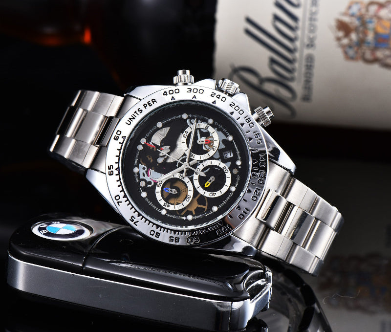Men's quartz watch with steel link strap, black dial with multi-color chronograph.