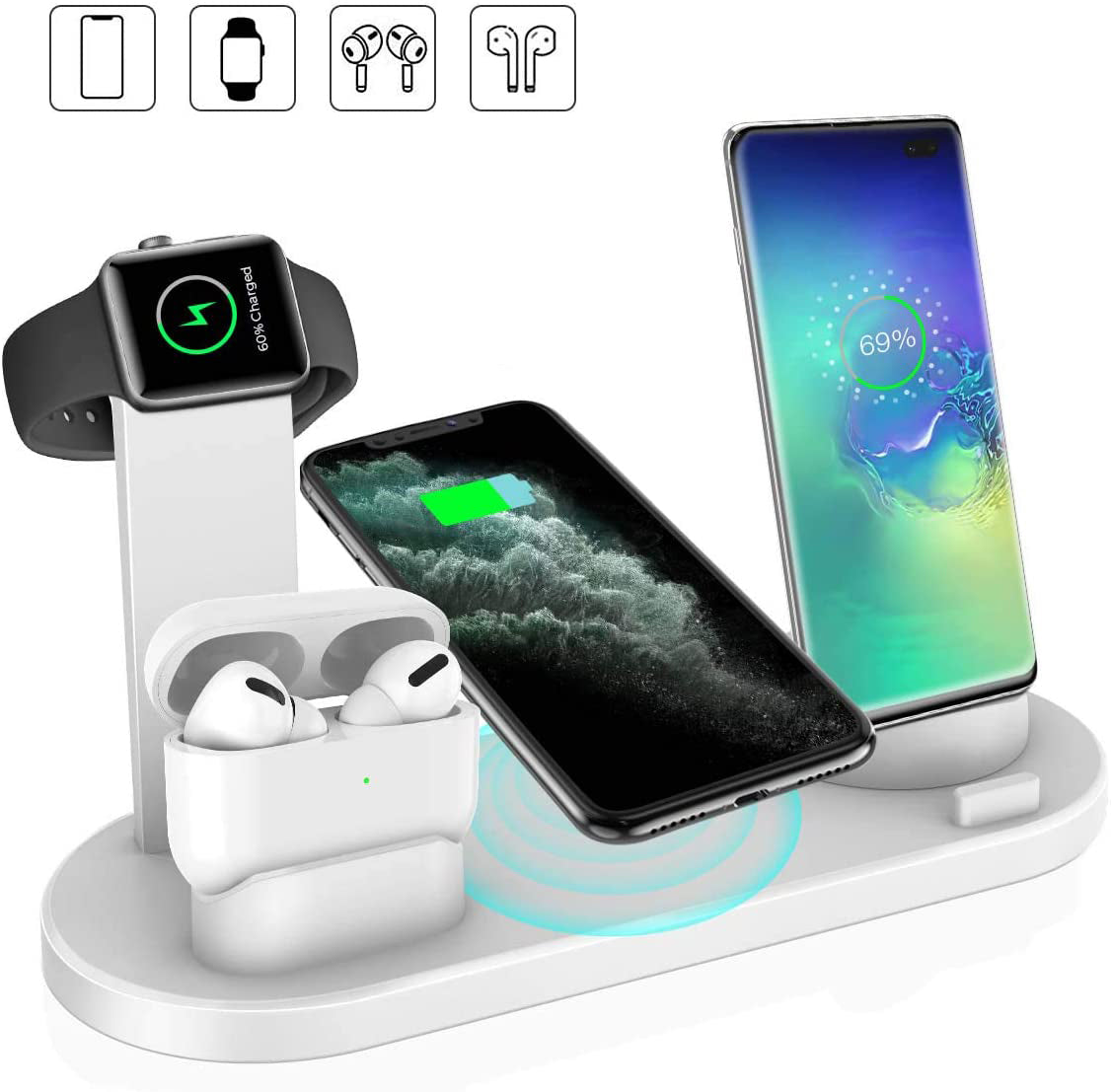 White 4-in-1 wireless charging station with watch, phone, and earbuds docks