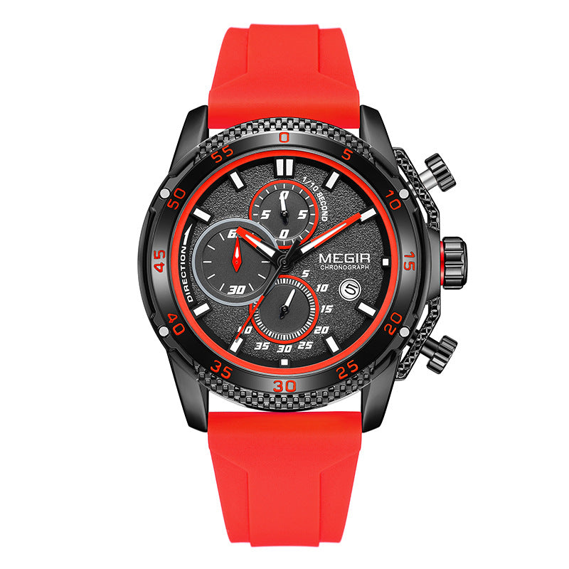 Men's sport quartz watch with red silicone strap and black dial with red bezel markers