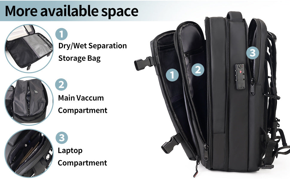 Black travel backpack side view with zip compartments and adjustable shoulder straps