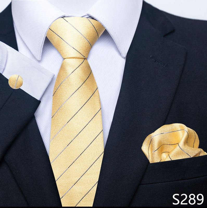 Men's formal light gold striped tie set with matching pocket square and cuff link