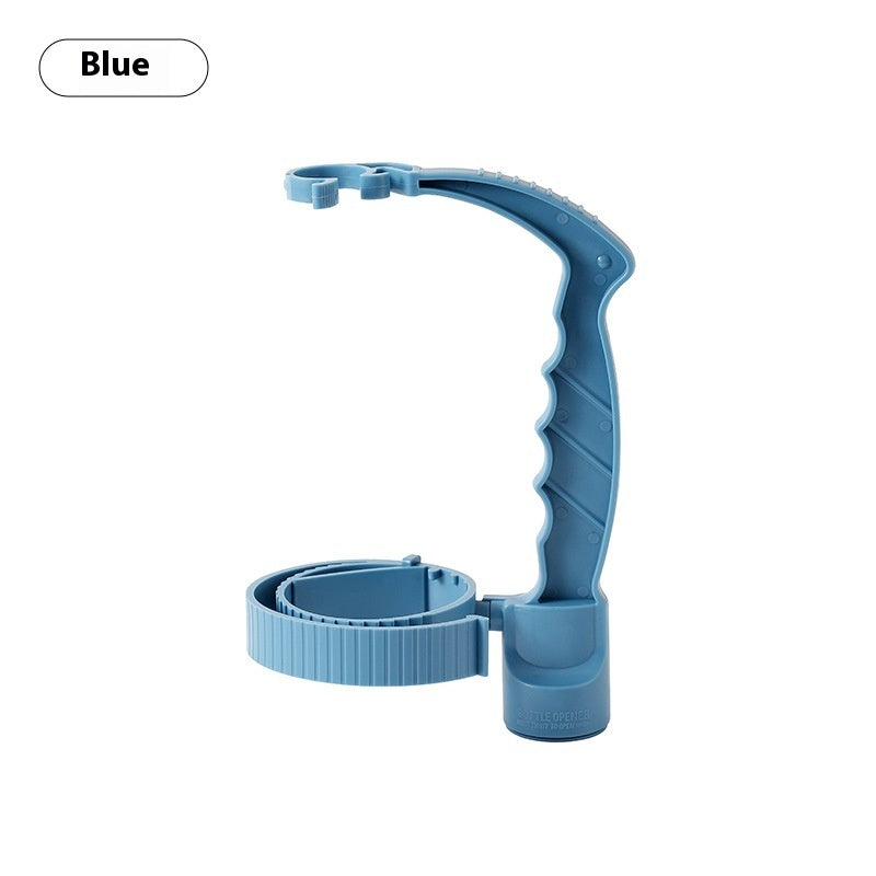 Blue adjustable bottle handle holder with bottle opening ring and ribbed grip