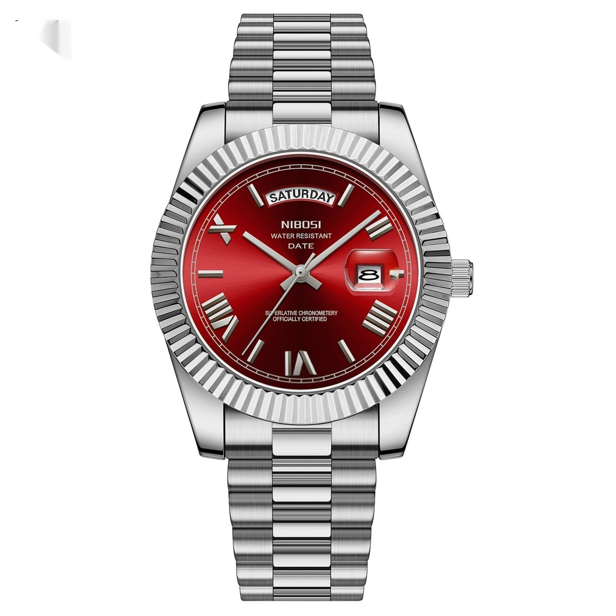 Men's quartz watch with silver steel bracelet, red dial, gold hands, day-date window