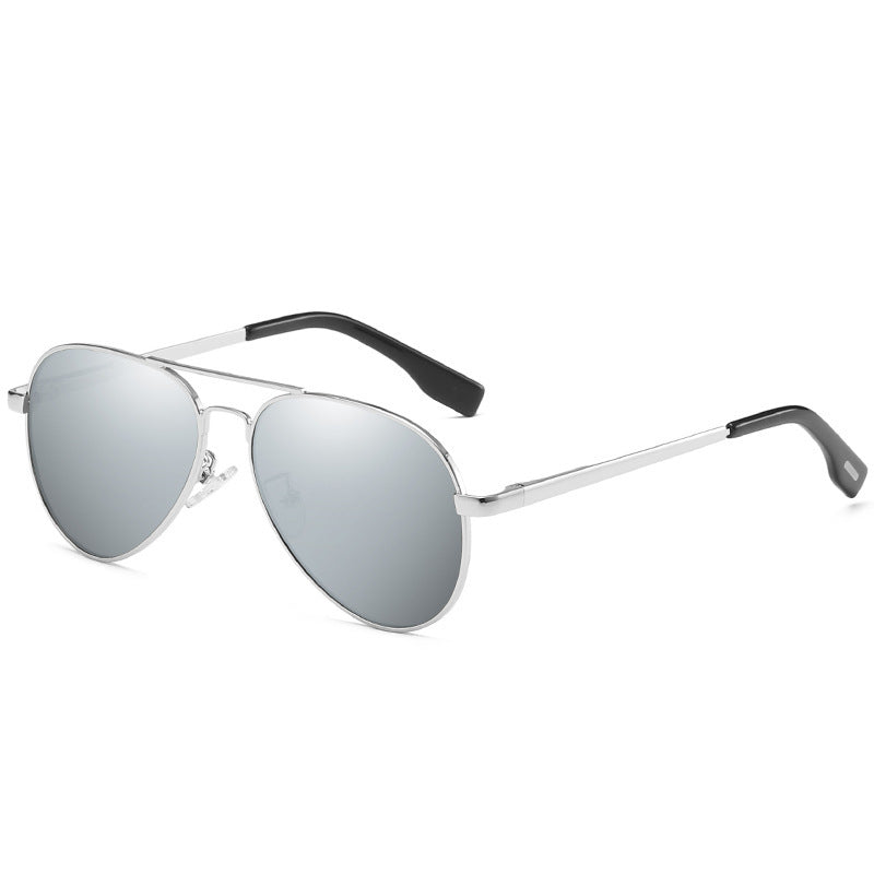Polarized sunglasses with gray mirrored lenses and silver metal frame