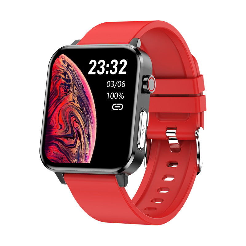 Red sports smartwatch with black screen and rubber strap, metal watch case.