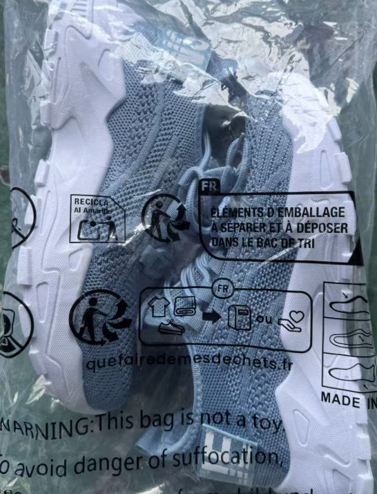 Recyclable shoe packaging bag with warning label and disposal icons