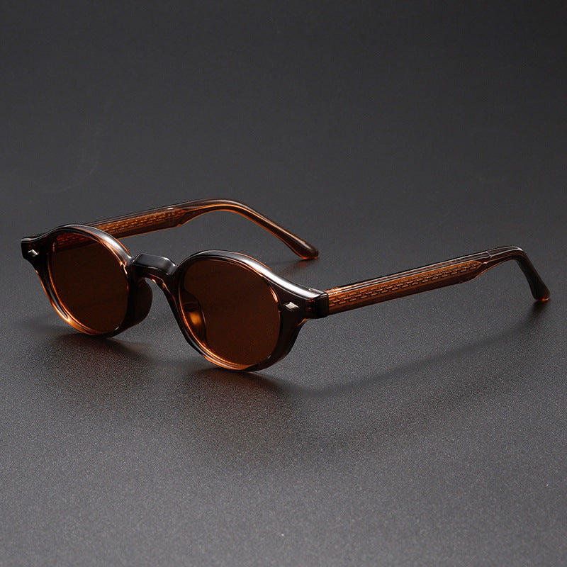 Men’s small round sunglasses with chestnut-brown tortoise-style frame and amber lenses
