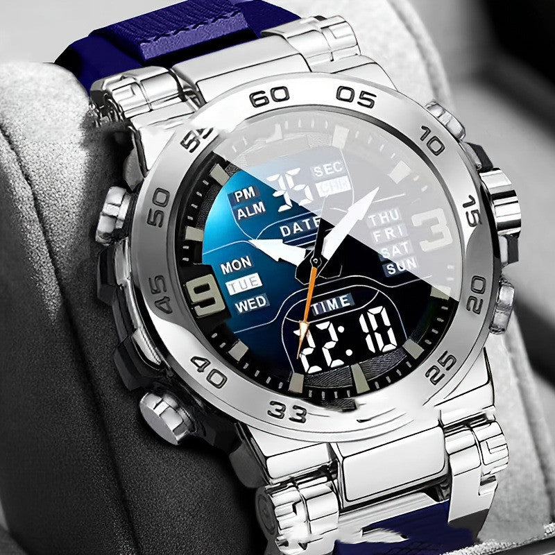 Waterproof electronic sports watch with silver metal case, blue strap, black dial display
