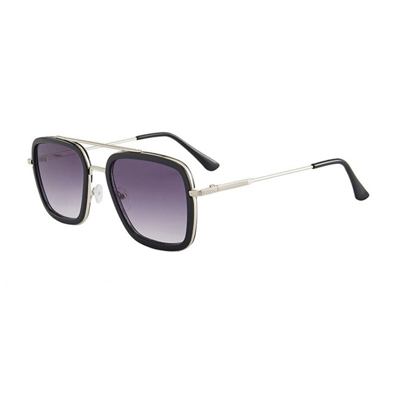Square frame sunglasses with black frame, gold accents, and lavender purple lenses