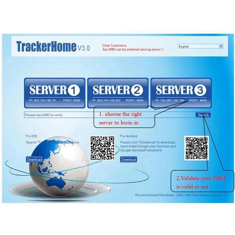GPS tracker server selection interface with server options and download links