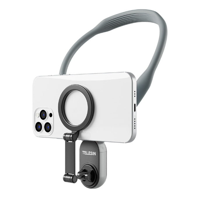 Gray silicone phone neck mount with magnetic holder; white phone attached