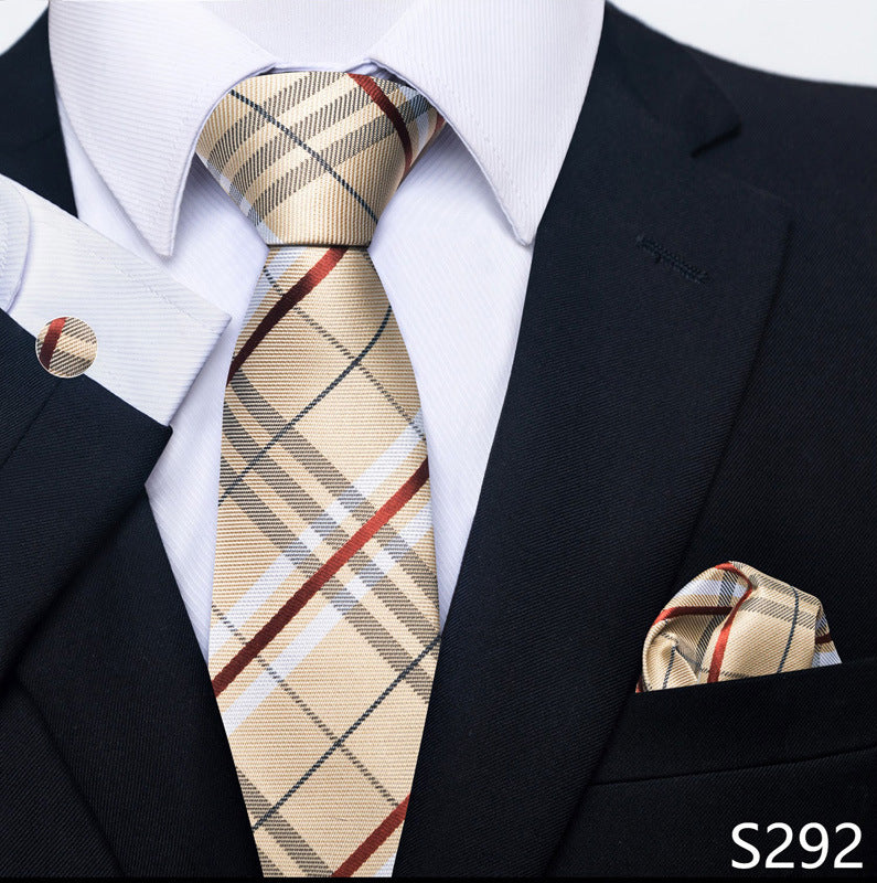 Men's formal beige plaid tie set with matching pocket square and cuff link