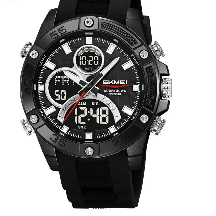 Men’s waterproof digital watch with black dial and fully black bezel, black rubber strap