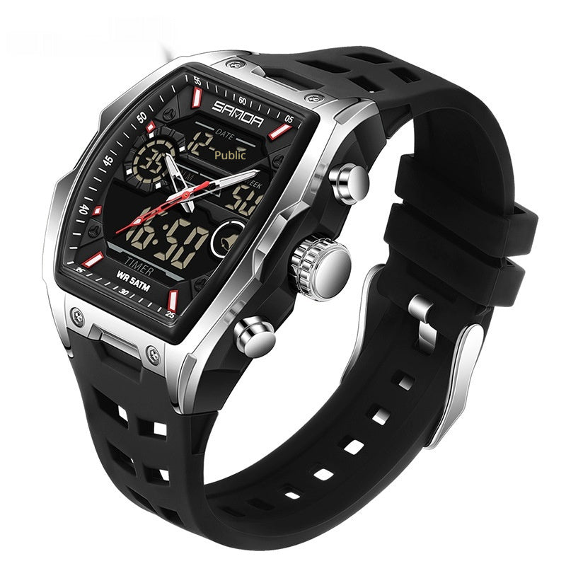 Multifunctional sports electronic watch with black case, black dial, silver bezel, black silicone strap