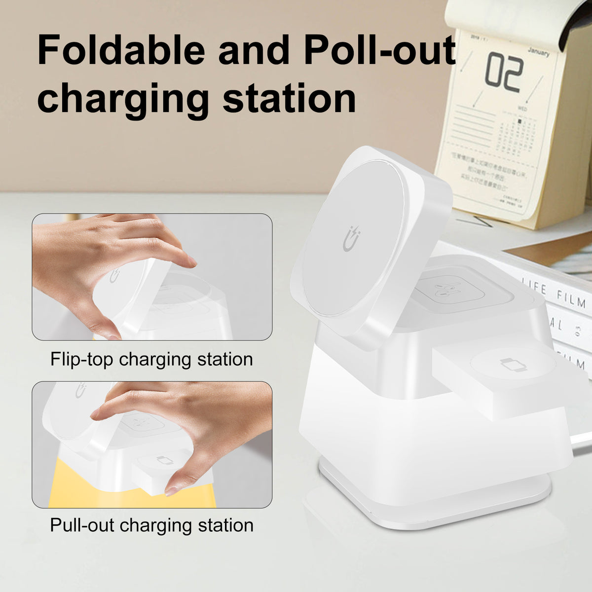 Foldable 4-in-1 wireless charging station with flip-top base and RGB lighting