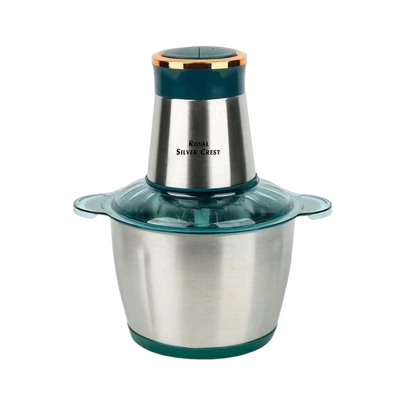 Stainless steel meat blender with teal cap and clear splash guard on base