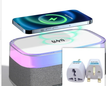 White and gray smart alarm clock Bluetooth speaker with illuminated ring and UK plug set