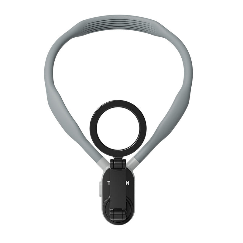 Gray silicone neck mount with black magnetic clip, centered front view.