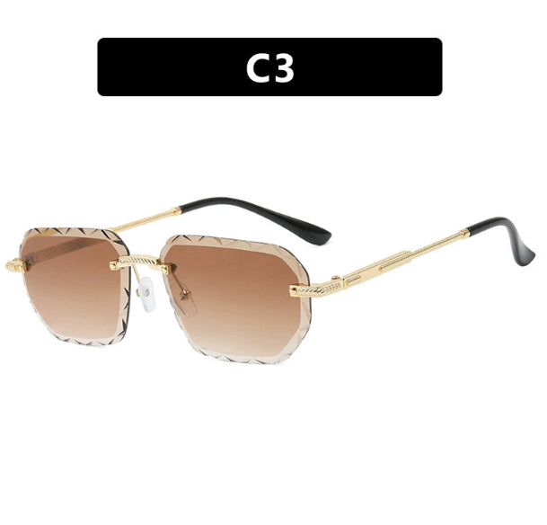 Square small sunglasses with metal trim, tan brown lenses and black arms