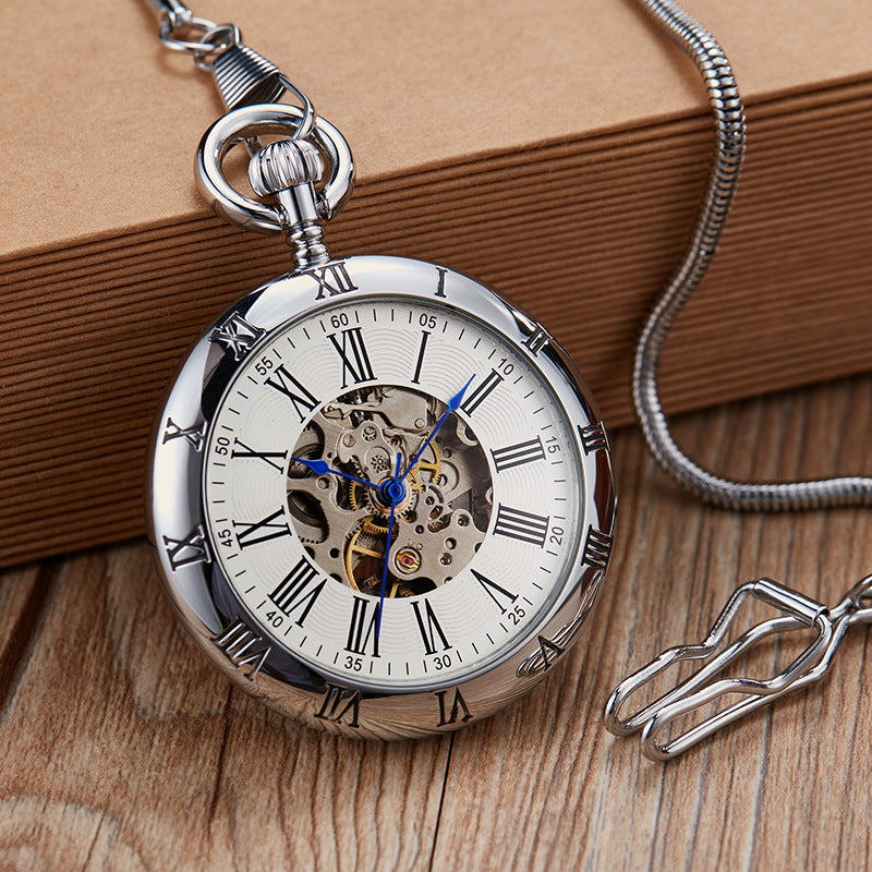 Silver mechanical pocket watch with Roman numerals and visible gear dial