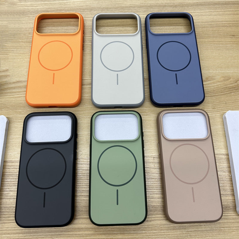 Assorted magnetic silicone iPhone cases in orange, white, blue, black, green, and beige