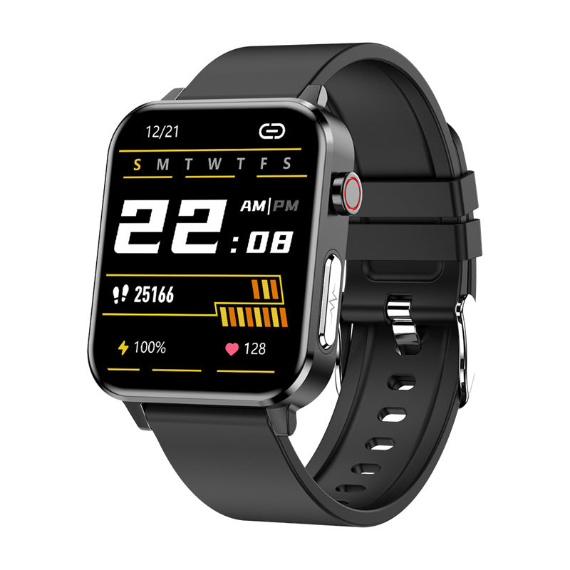Black sports smartwatch with black screen and black rubber strap, metal watch case.
