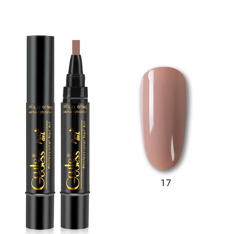 Nail gel polish pen with beige cap and nude pink nail swatch, color 17