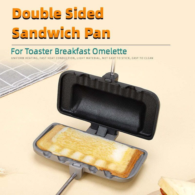 Non-stick foldable sandwich pan, black double-sided grill with wooden handle and toast