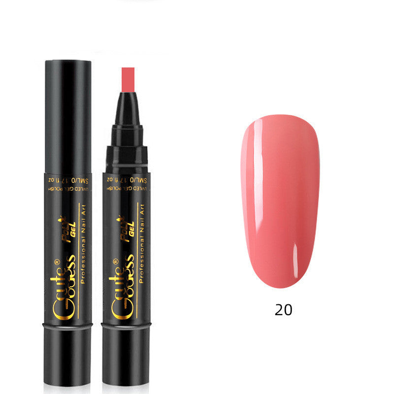 Nail gel polish pen with coral cap and coral pink nail swatch, color 20